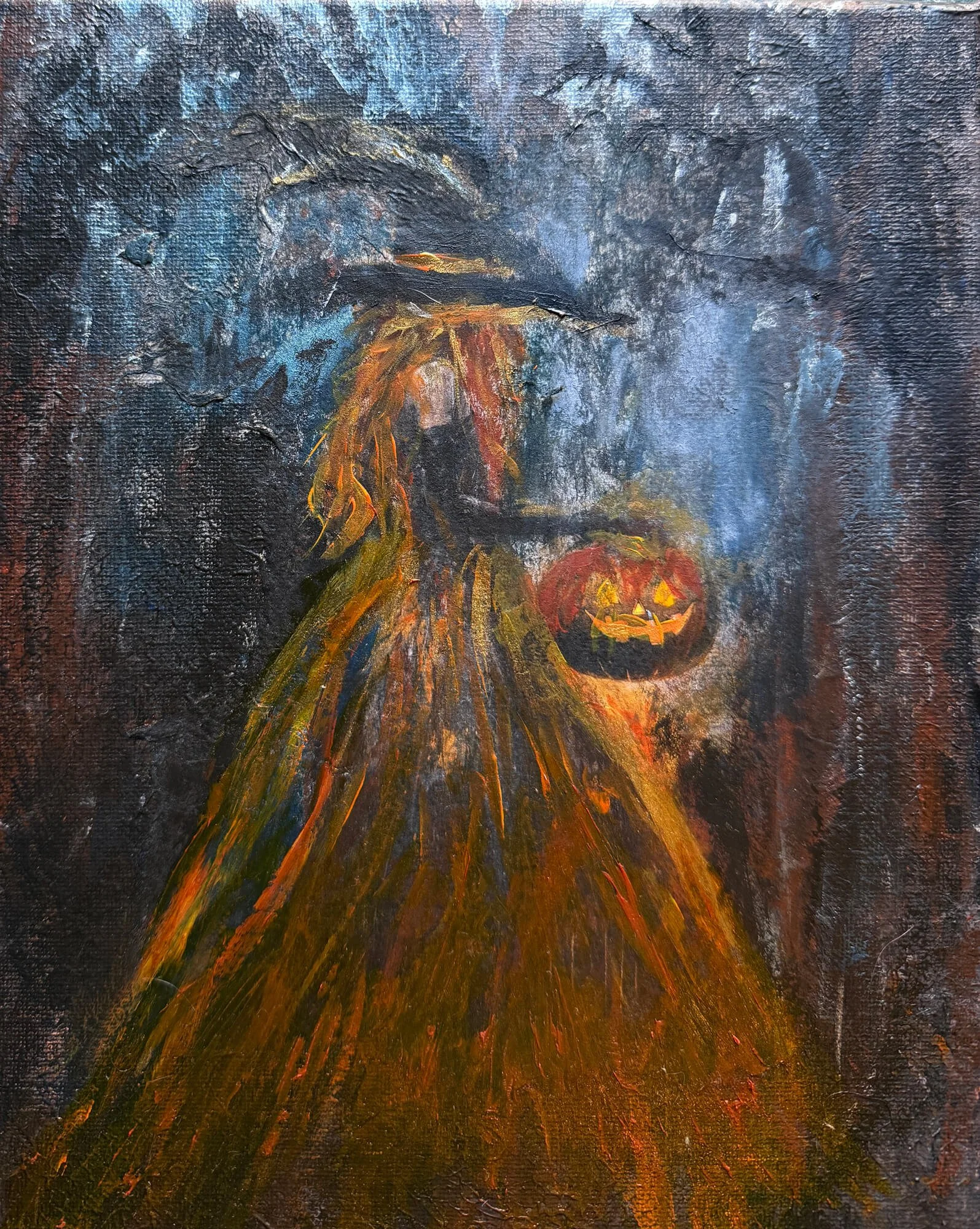 Abstract painting of a witch in a flowing dress holding a carved pumpkin lantern against a dark textured background — mystical Halloween-themed witchy artwork.