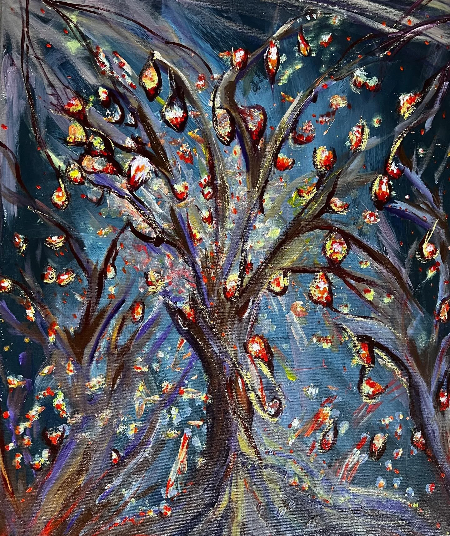 Acrylic painting of a tree abstract as a representation of our souls going home