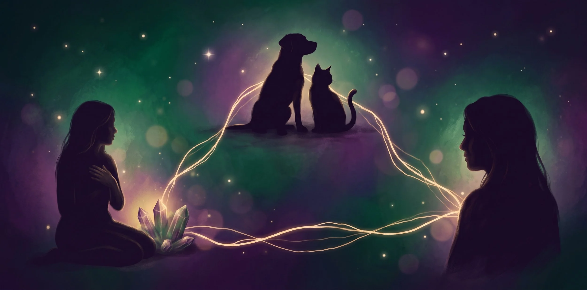 a triangle with a dog and cat on top, a woman on the left representing the animal communicator and the woman on the right representing the animal guardian