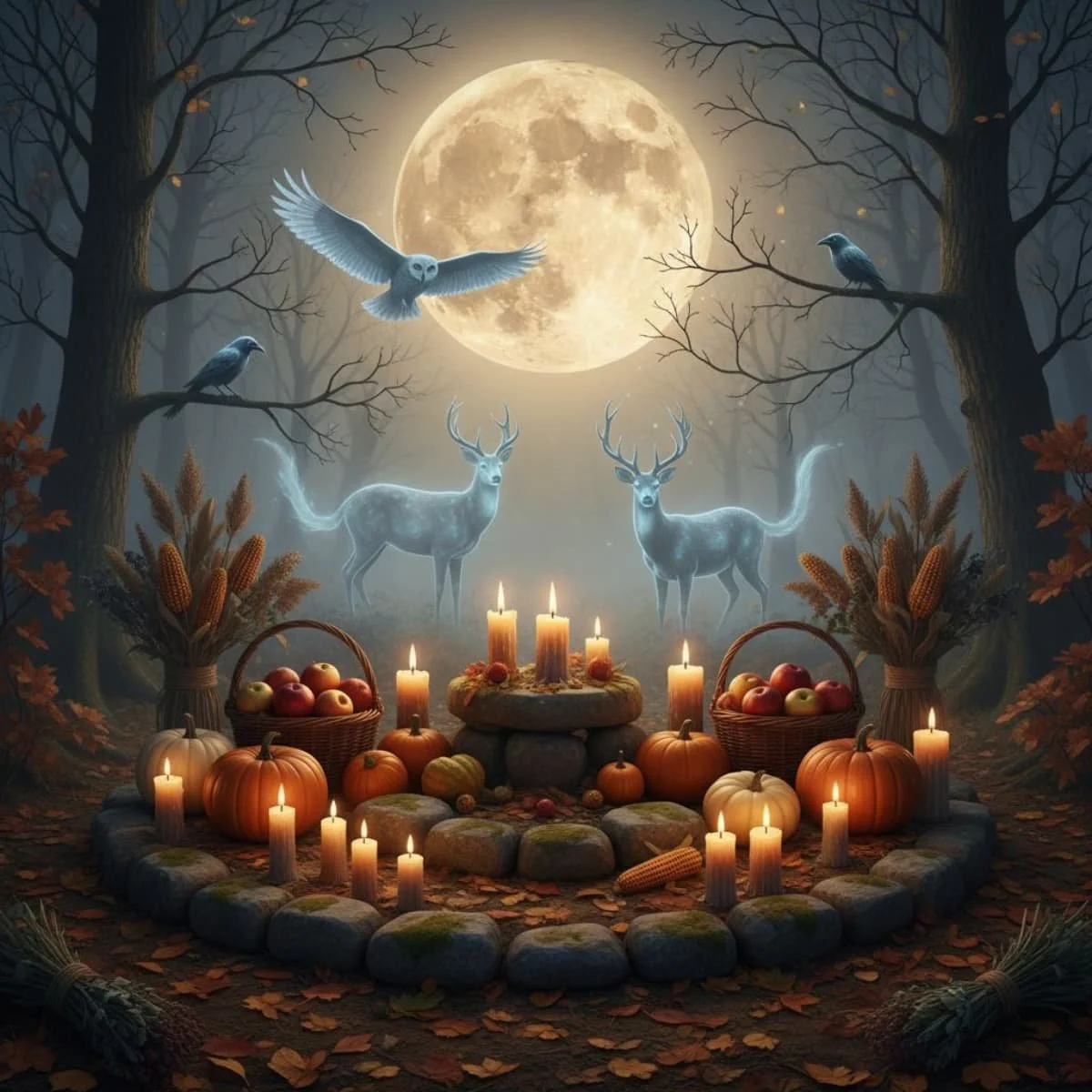 A mystical forest scene at night with a full moon, featuring two glowing deer, an owl in flight, and three crows on trees. The ground is decorated with pumpkins, apples, candles, and baskets of harvest items, creating a festive and enchanting autumn atmosphere.