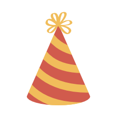 A colorful party hat with red and yellow stripes and a yellow bow on top.
