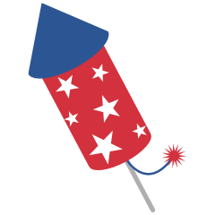 Red firework with white stars and a blue cone, attached to a stick with a small red spark coming out of the fuse.