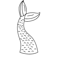 A cartoon illustration of a mermaid tail with fins, tail is scaled with curved lines.
