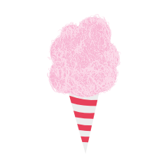 Pink cotton candy on a red and white striped cone.