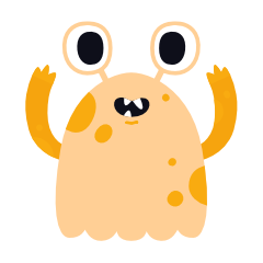 Cartoon monster with large eyes, small horns, and orange spots, raising its arms.