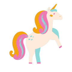 Cartoon illustration of a unicorn with a white body, colorful horn, and rainbow-colored mane and tail.