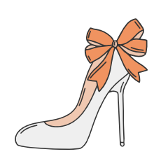 Illustration of a white high-heeled shoe with an orange bow on the back.