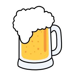 A cartoon illustration of a mug of beer with foam on top.