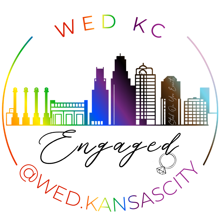 Colorful circular logo featuring Kansas City skyline and surrounding landmarks, with rainbow-colored text reading 'WED KC' at the top and '@WED.KANSASCITY' at the bottom.