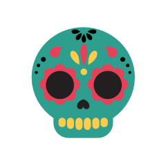 Colorful sugar skull with floral and decorative patterns in teal, pink, yellow, and black.