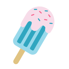 A cartoon illustration of a blue popsicle with pink and blue sprinkles and a wooden stick.
