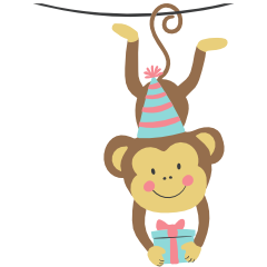 Cute cartoon monkey wearing a birthday cone hat, holding a pink gift box with a blue ribbon.