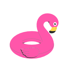 Cartoon pink flamingo pool float with a yellow beak and big eyes