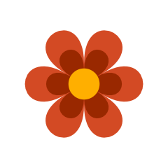 A simple graphic of a flower with red petals, a darker red center, and a yellow middle.