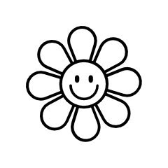 A black and white drawing of a smiling flower with a round face and multiple petals.