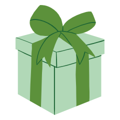 A light green gift box with a darker green ribbon and bow on top.