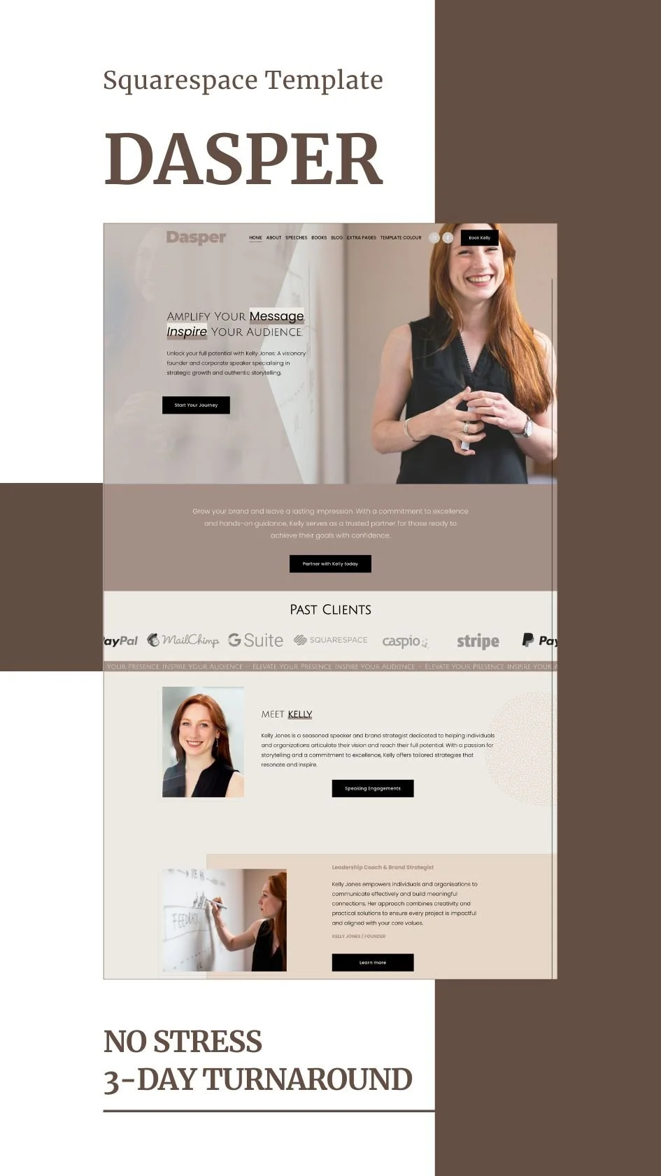 A webpage template for a branding and communication coach named Kelly Jones. The page features a large image of Kelly smiling, various sections about her services, past clients, and a client profile with her picture. The design uses neutral tones with overlay text and buttons.