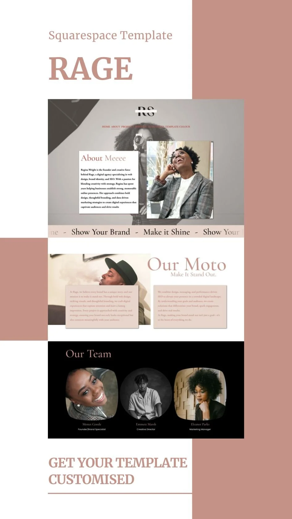 A promotional graphic for a Squarespace template called 'Rage', featuring sections with images and text about the brand, the company's motto, and the team members, set against a pink and white background.