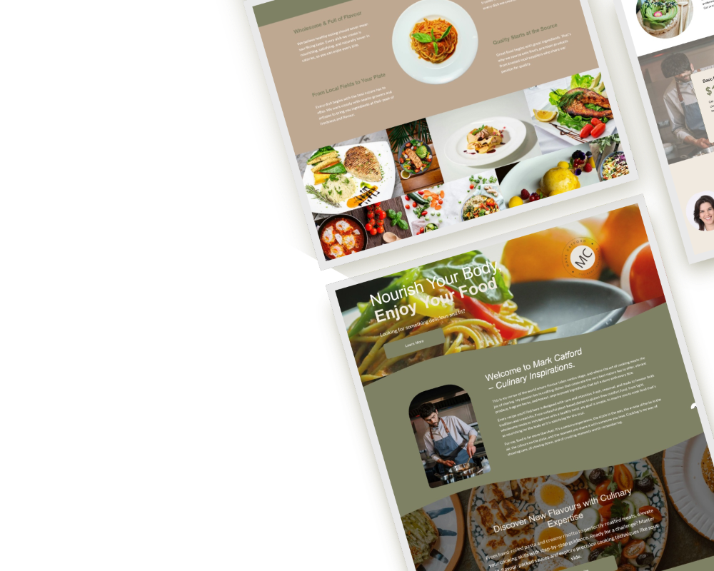 A digital collage of food-related website designs. The top shows various plated dishes like pasta, salads, grilled fish, and desserts. The lower part features a webpage with a focus on nutritious food, displaying fresh vegetables, a chef, and text about culinary inspiration.