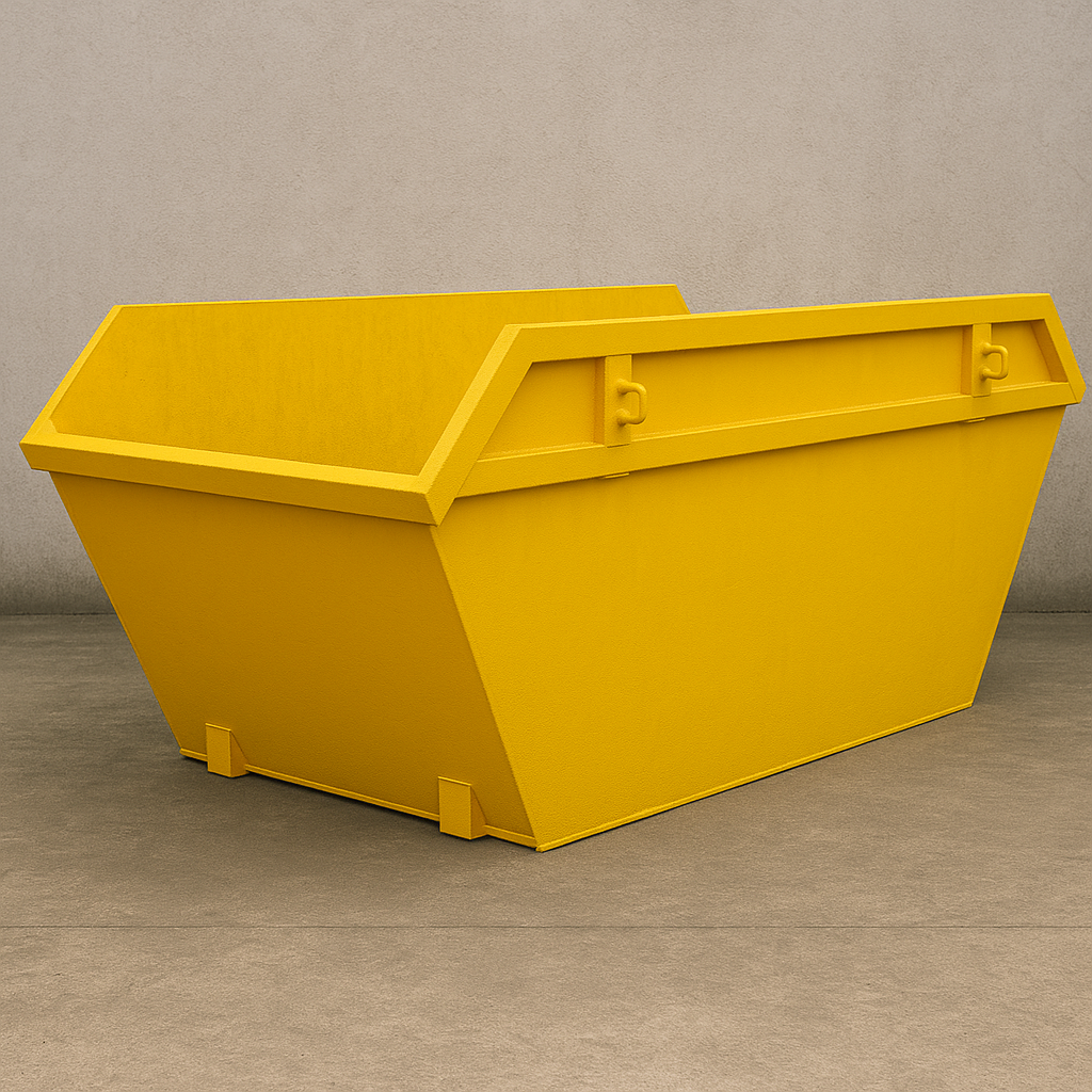 A yellow industrial dumpster placed on a concrete floor against a plain wall.