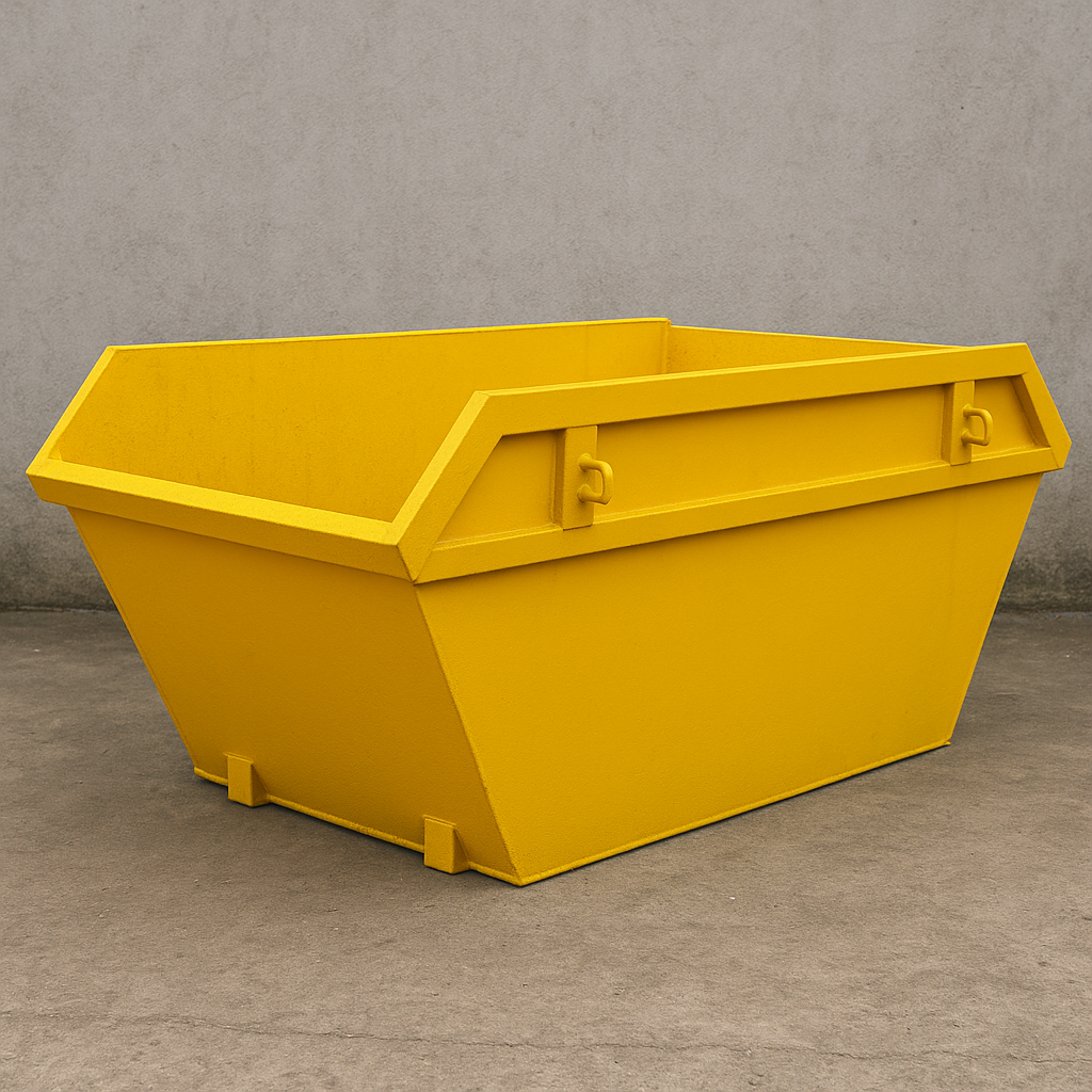 A bright yellow industrial dumpster bin placed on a concrete floor against a plain concrete wall.