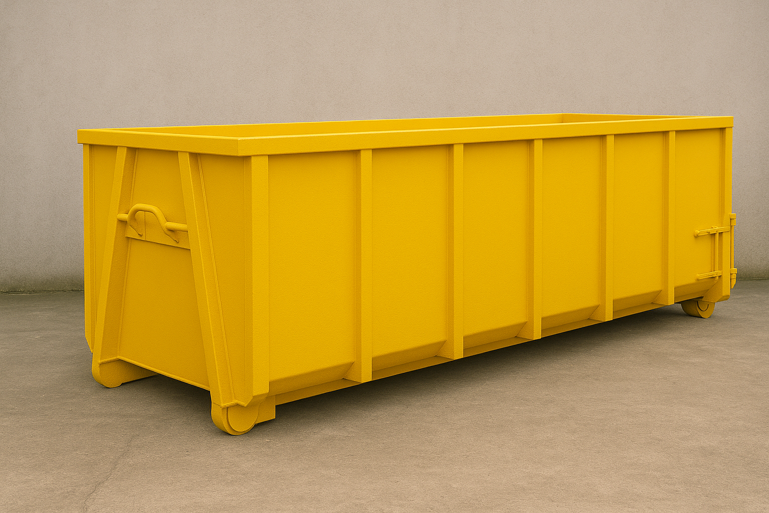 Yellow industrial storage container or dumpster on a concrete floor against a plain wall.
