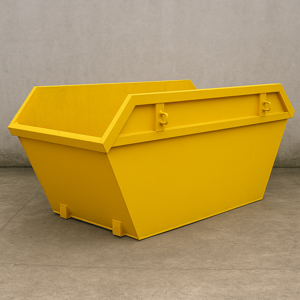 Yellow industrial dumpster against a plain gray background.