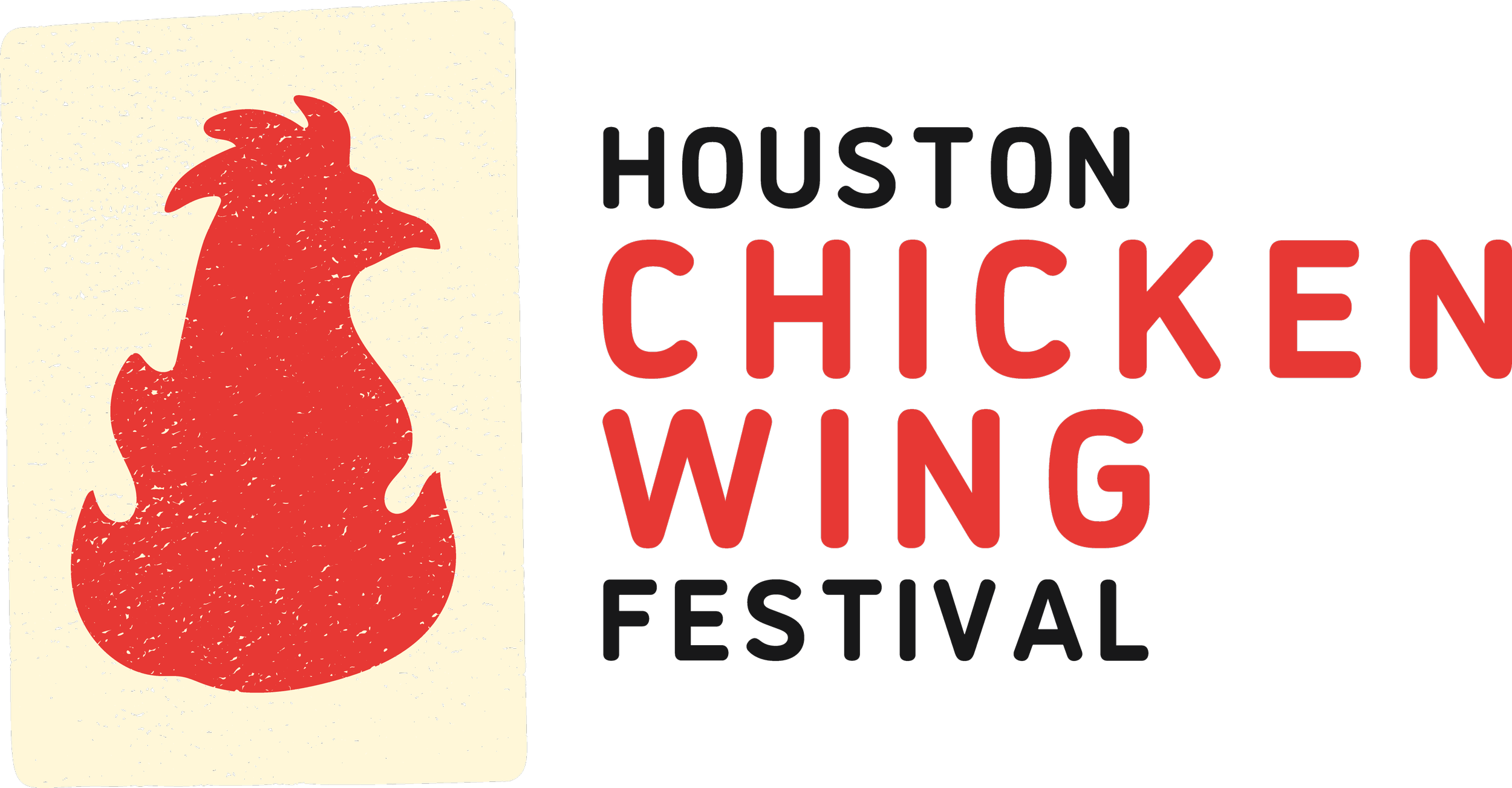 A promotional poster for the Houston Chicken Wing Festival featuring a silhouette of a red chicken on a beige background and black and red text.