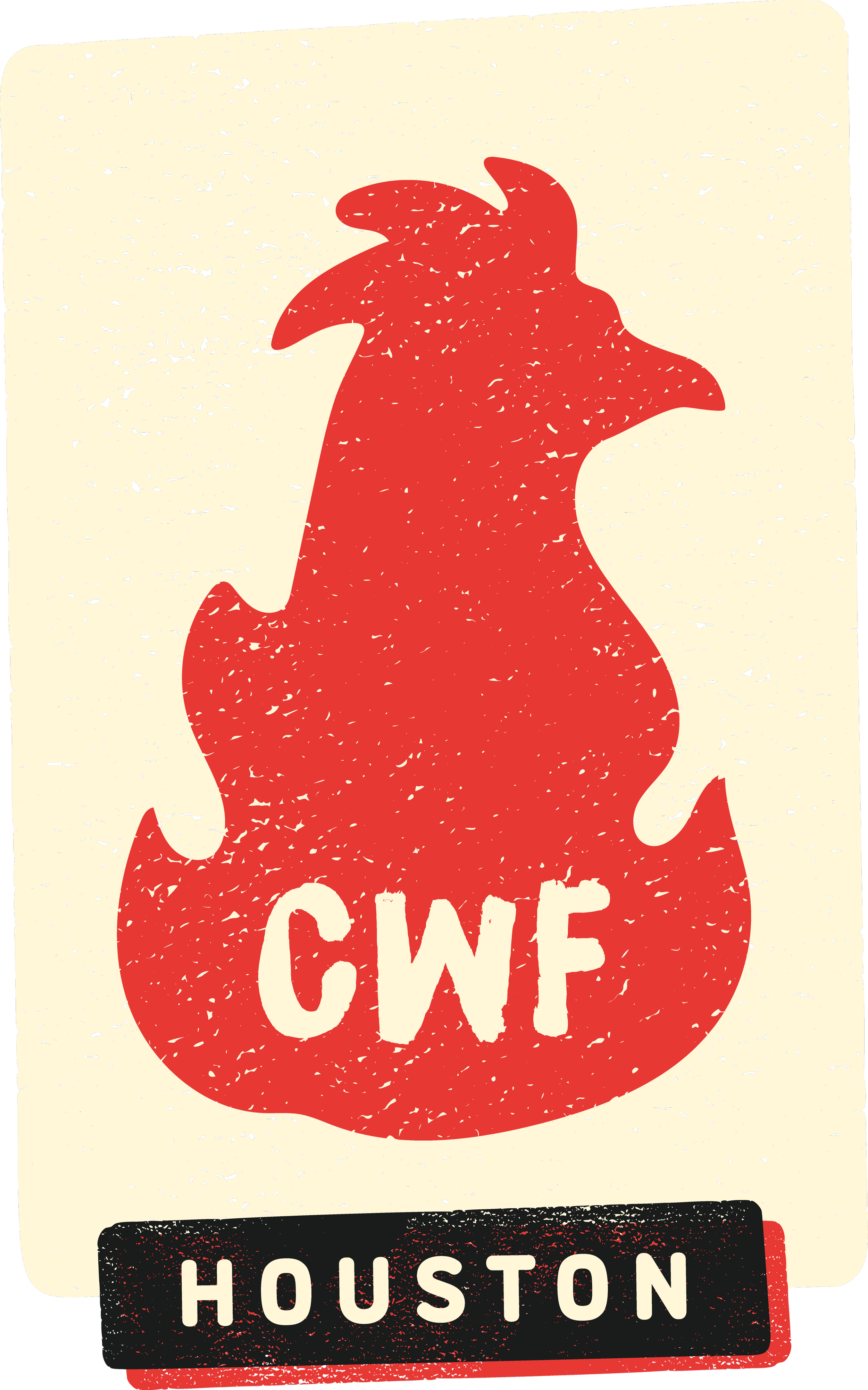 A distressed-style poster with a red rooster silhouette and the words 'Café Houston' in white text.