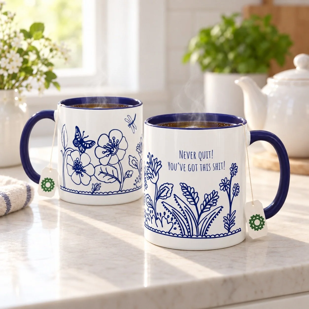 Some tea&hellip;or maybe coffee? Maybe a little encouragement, and just the right amount of inappropriate language. 😂
I&rsquo;ve been giving some of the illustrations and phrases from my Fuckit Calendar a new life, simplifying them into dark-blue li