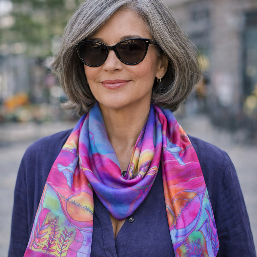 Elegant woman with vibrant silk scarf.png
