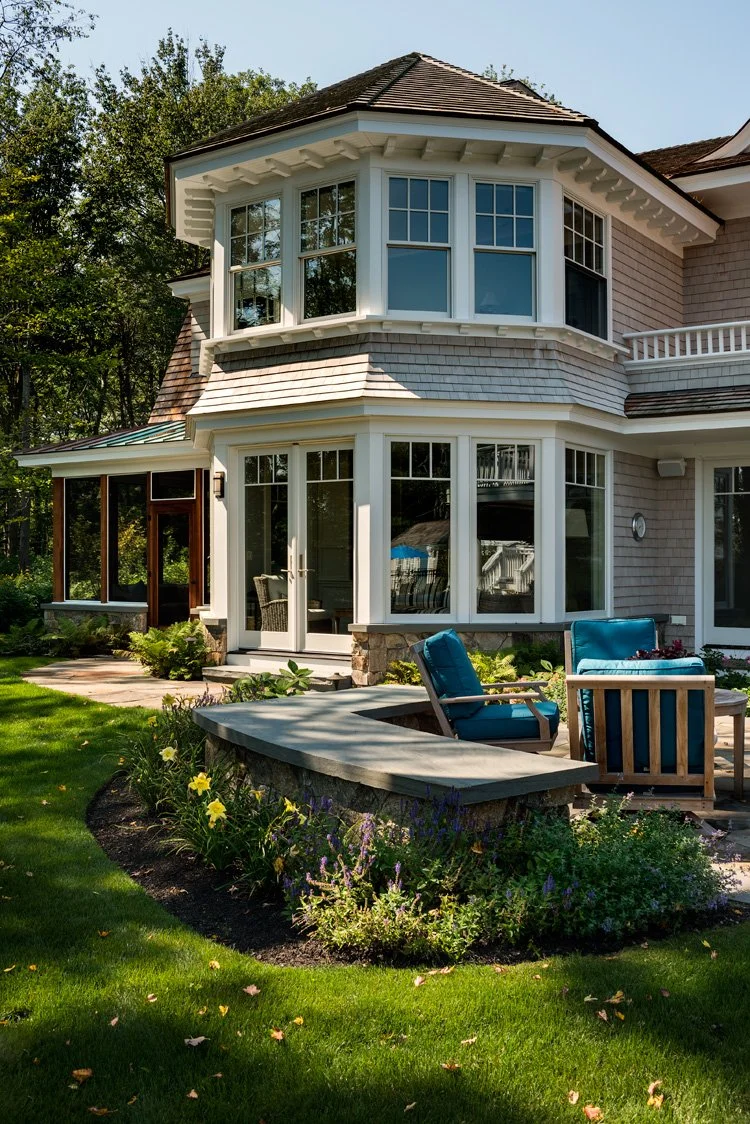Wildwood Retreat — A New England Home Landscape Architecture and Outdoor Living Design by Vicky Martel of Sea Laurel Landscape Architecture.
This residential project showcases custom landscape design that enhances natural beauty, elevates curb appeal