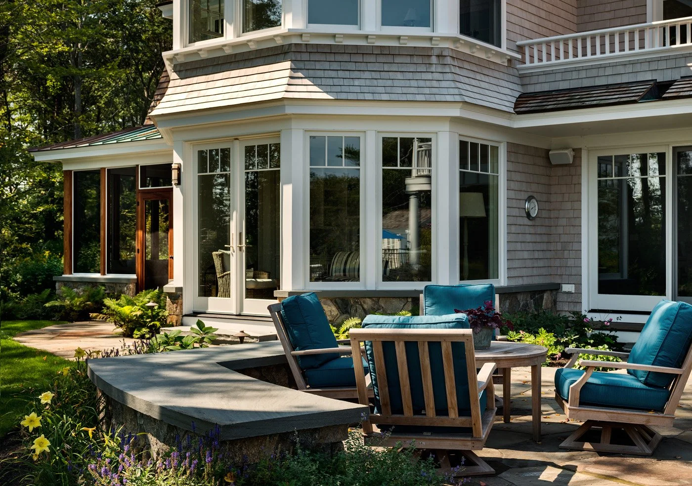 Wildwood Retreat — A New England Home Landscape Architecture and Outdoor Living Design by Vicky Martel of Sea Laurel Landscape Architecture.
This residential project showcases custom landscape design that enhances natural beauty, elevates curb appeal