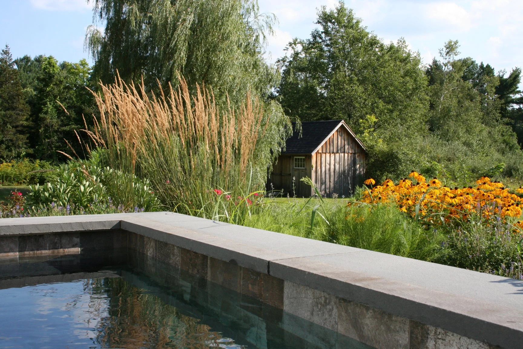This natural plunge pool features a harmonious blend of stonework and vibrant plantings, creating a refreshing oasis within the landscape. Lush textures, seasonal color, and native species surround the pool to soften the edges and enhance the connect