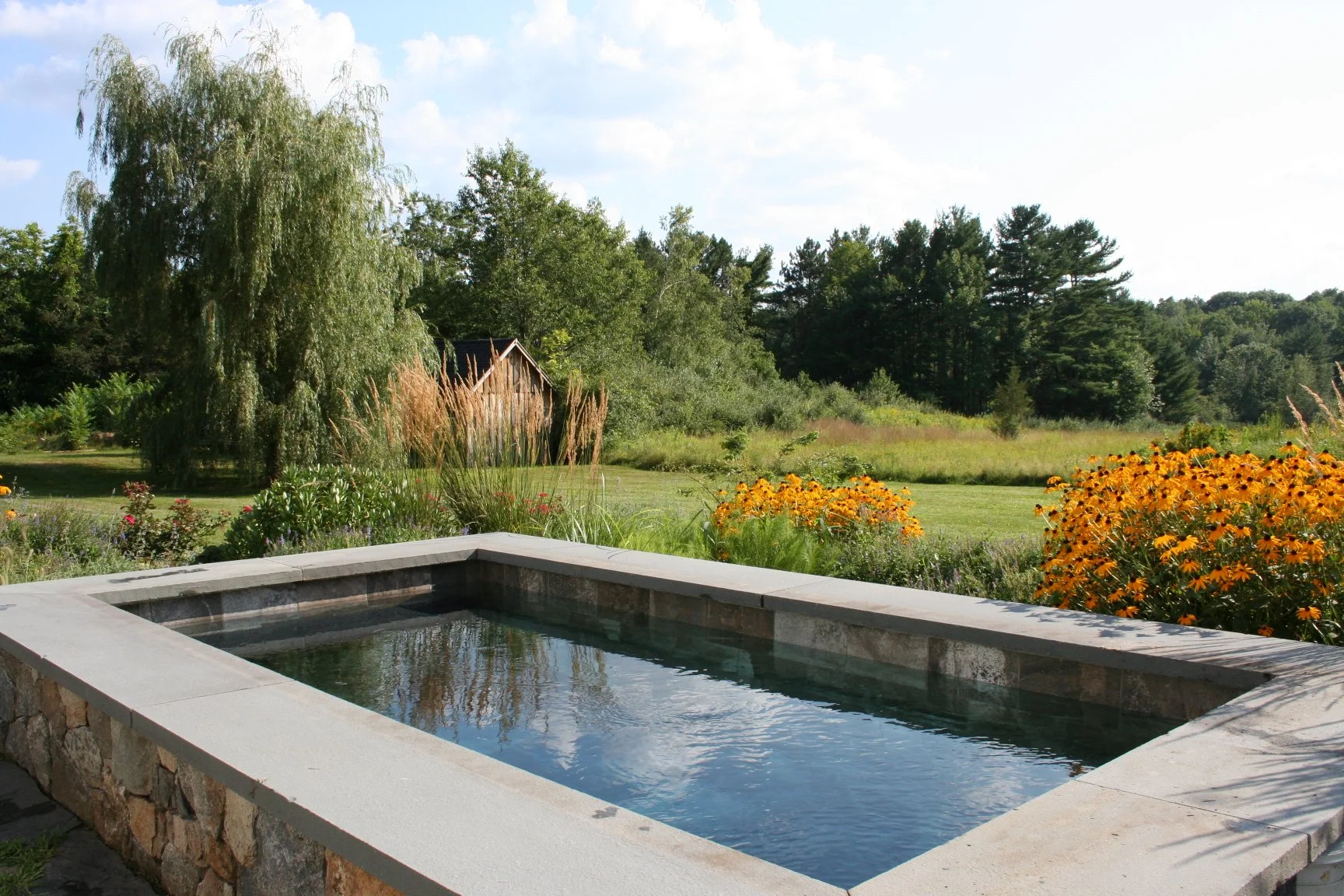 This natural plunge pool features a harmonious blend of stonework and vibrant plantings, creating a refreshing oasis within the landscape. Lush textures, seasonal color, and native species surround the pool to soften the edges and enhance the connect