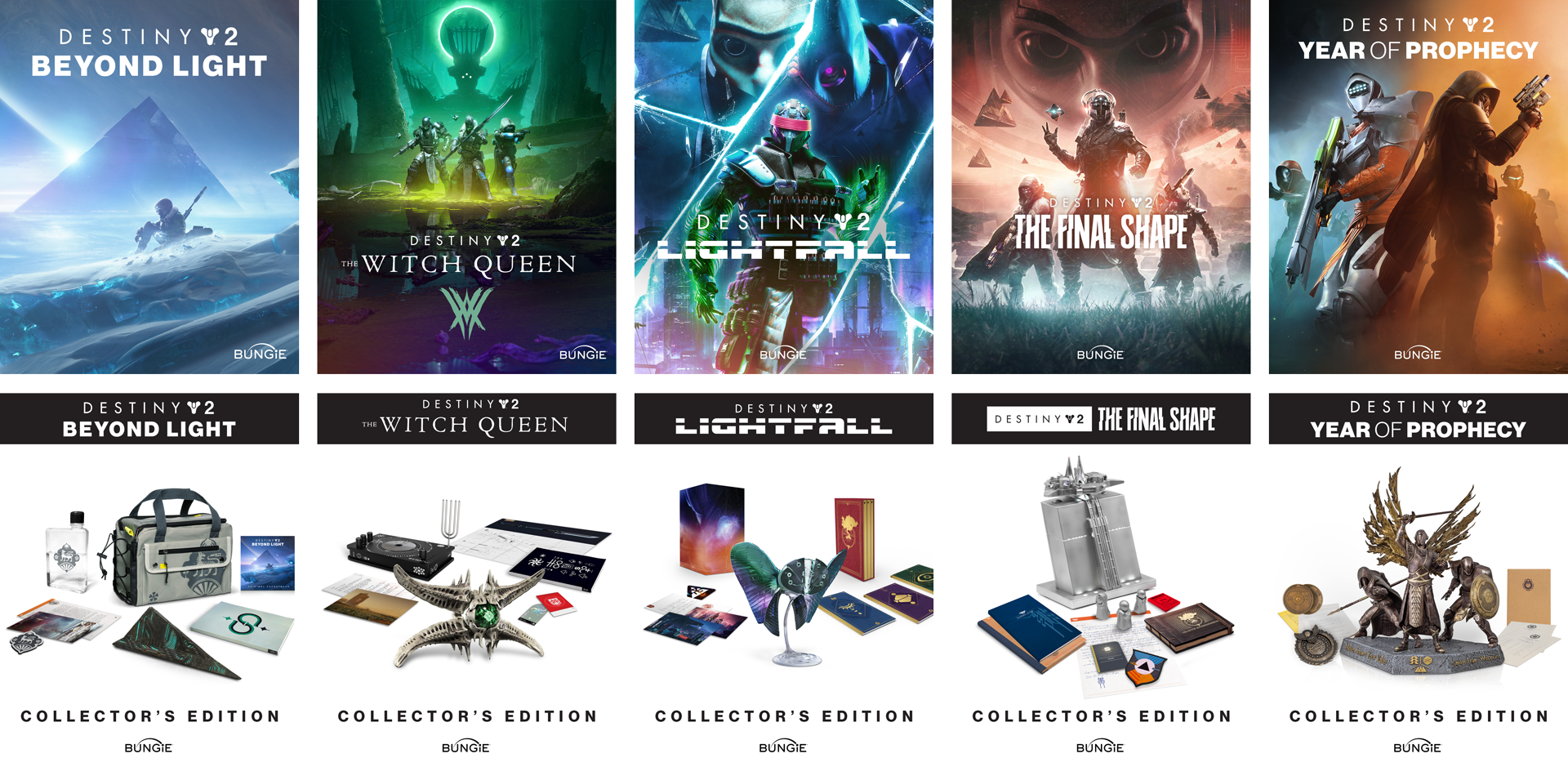 A collection of promotional images for the video game Destiny 2, including game cover art and collector's edition items for Beyond Light, The Witch Queen, Lightfall, The Final Shape, and Year of Prophecy.