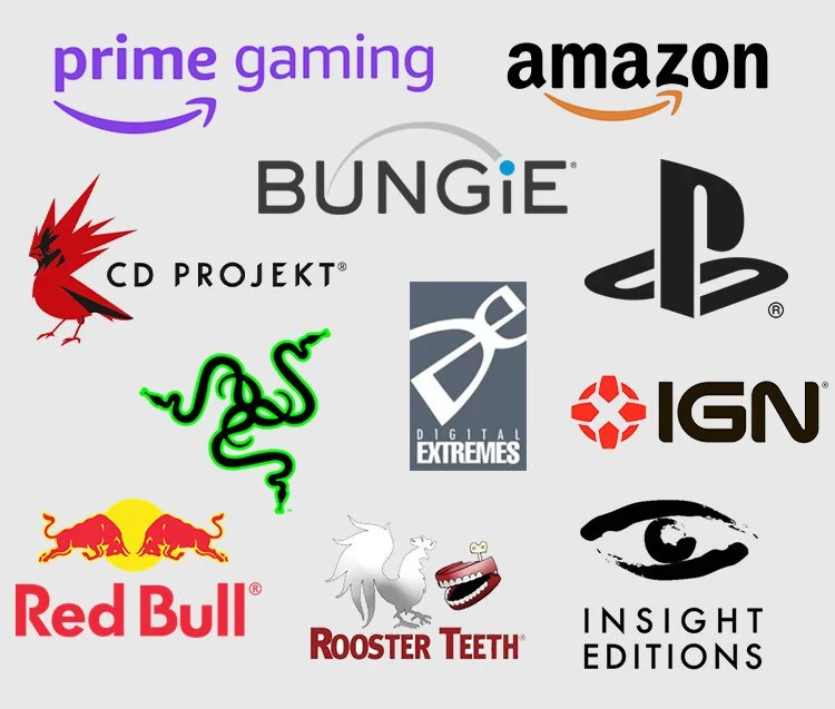 Collection of logos from various gaming, entertainment, and media brands including Prime Gaming, Amazon, Bungie, PlayStation, CD Projekt, IGN, Digital Extremes, Red Bull, Roster Teeth, Insight Editions, Razer, and a red bird with wings.