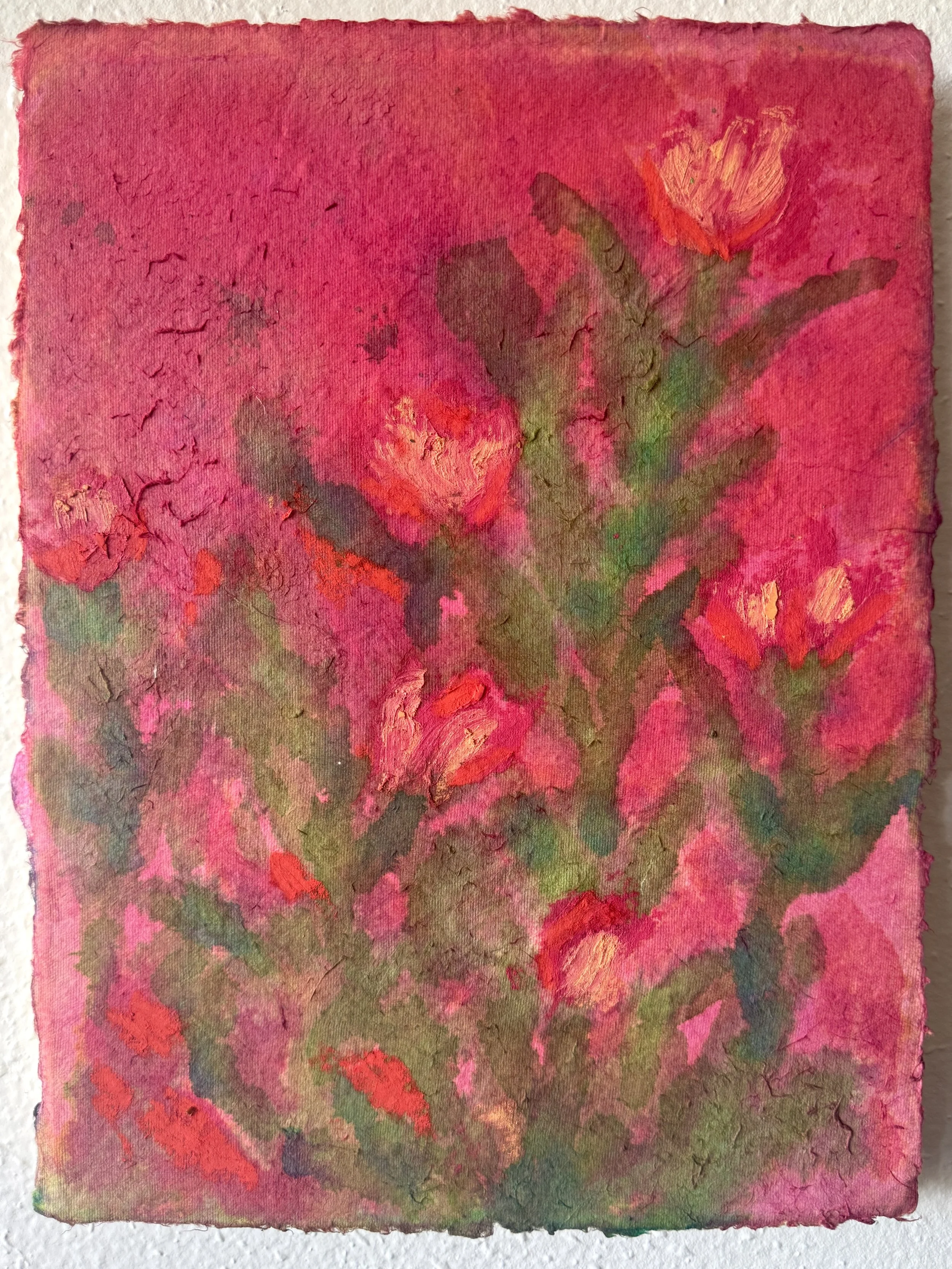 A textured watercolor painting featuring pink, green, orange, and red colors with floral shapes, possibly roses, on textured paper.