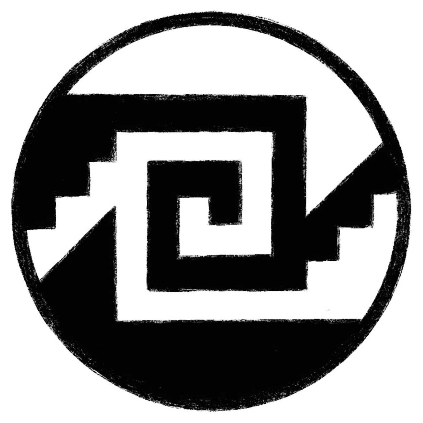 This graphic depicts the Xicalcoliuhqui (pronounced shee-kal-koh-leew-kee), a traditional Mesoamerican stepped fret pattern representing a stepped meander motif connected to a spiral. The spiral represents a serpent, regeneration, and the temples.