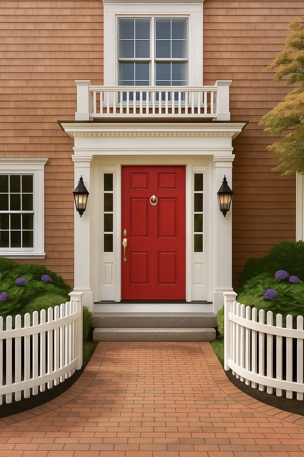 Front porch of a house with a red door, two black lanterns, white trim, brick walkway, green bushes, and purple flowers.