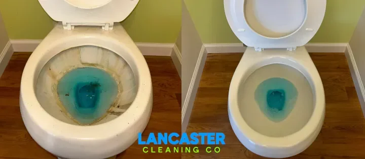 A before and after picture of a toilet bowl after an office restroom cleaning in Lancaster, PA depicting a clean and sanitized toilet
