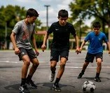 Three boys playing soccer on a field outdoors