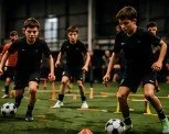 Three young soccer players in black uniforms practicing dribbling and shooting on indoor field