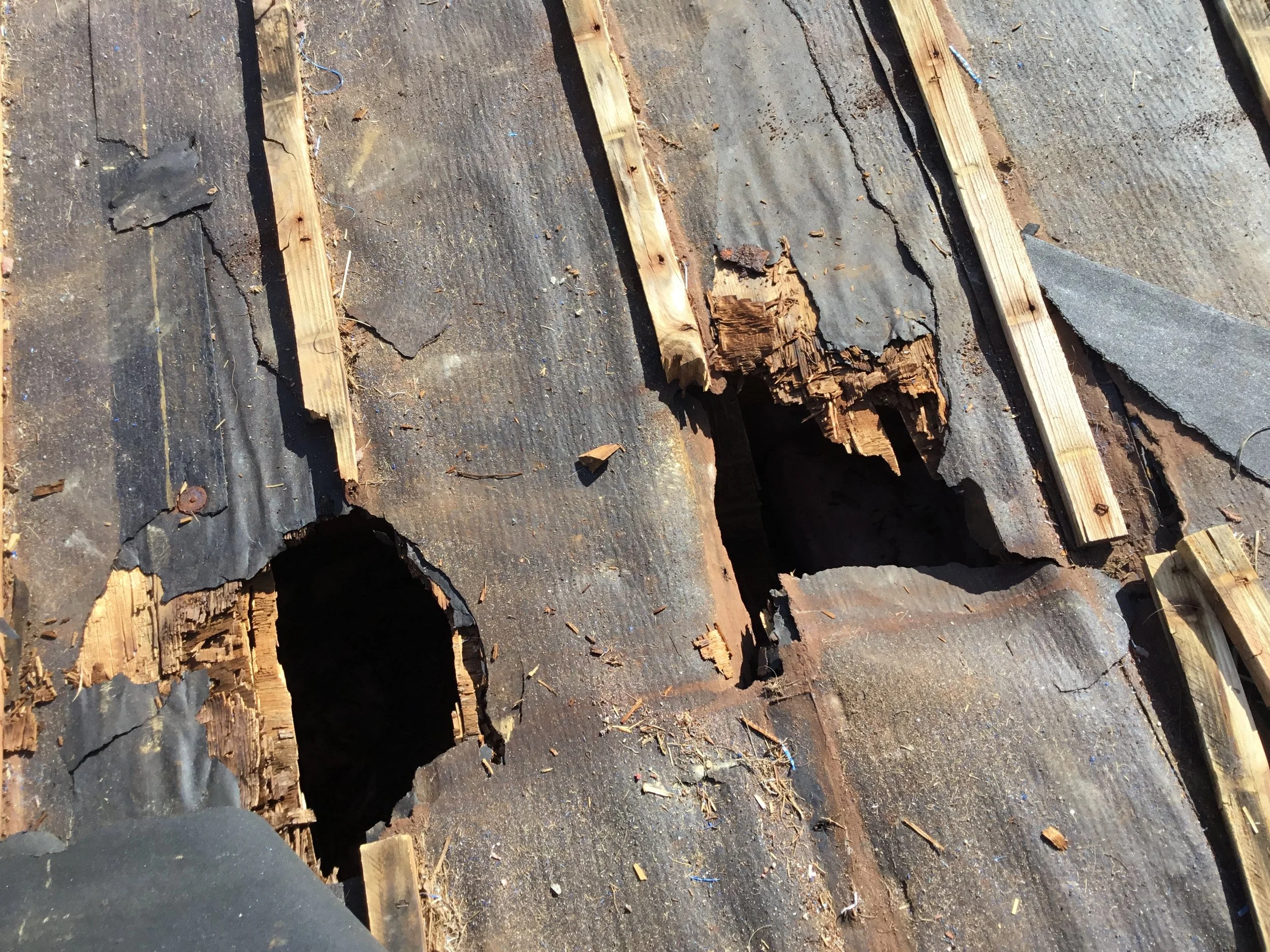 Clay tile roof showing significant storm damage where broken and displaced tiles exposed the layers beneath. When tiles are cracked or missing, water can quickly reach the underlayment and decking — making prompt repair or full replacement essential 