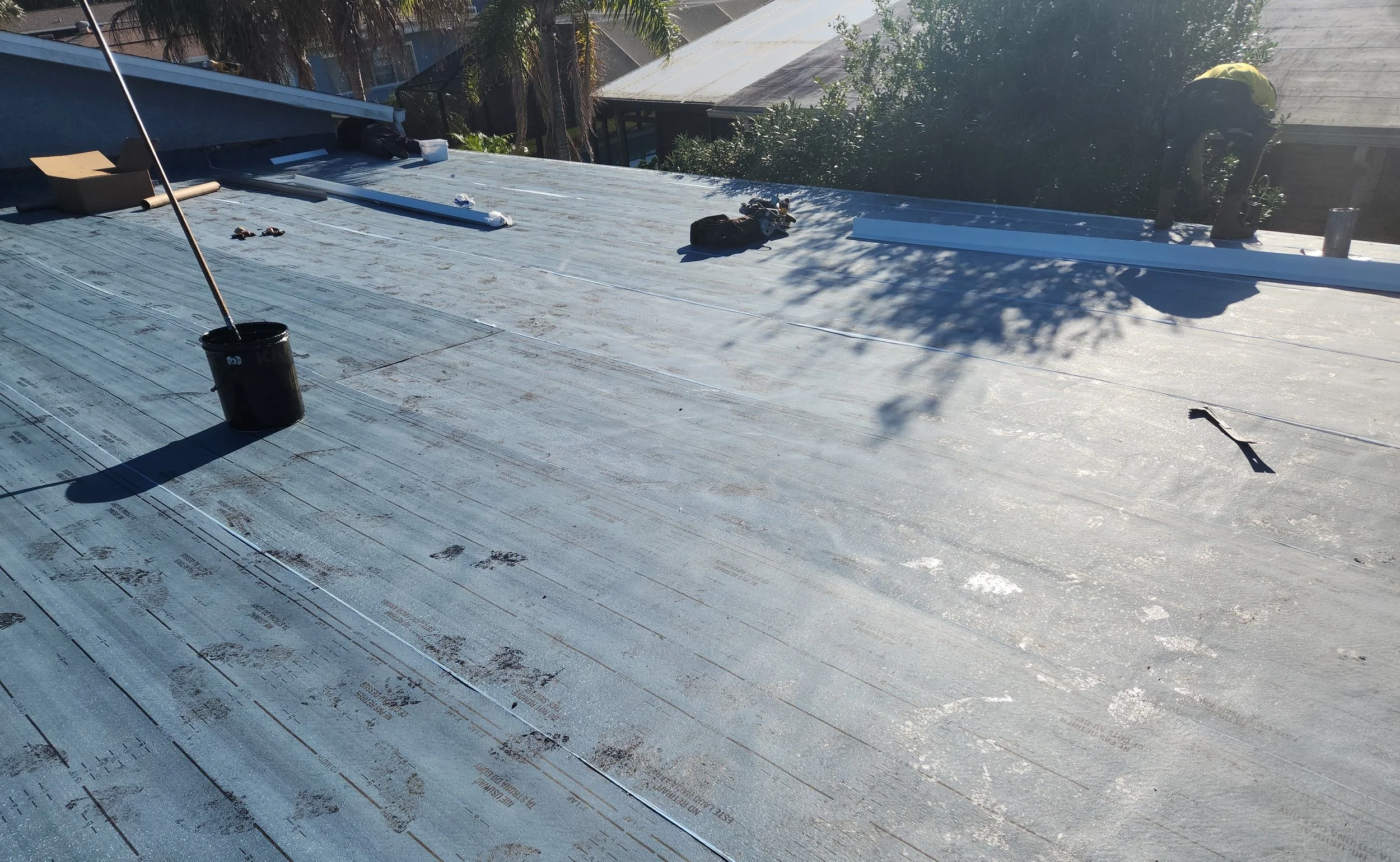 Fully installed flat roof membrane creating a seamless waterproof barrier across the roof surface. This modern system is designed to handle heat, heavy rain, and ponding risk while providing long-term protection with minimal maintenance for commercia