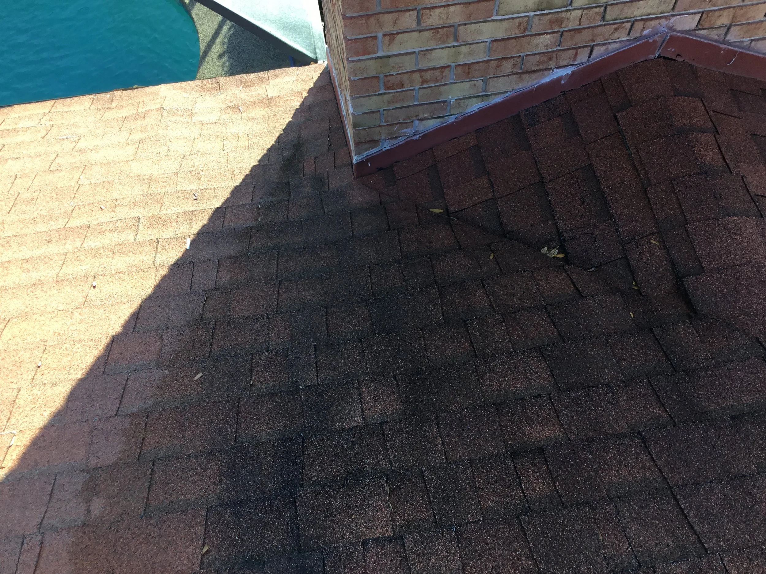 Black streaking on asphalt shingles caused by roof algae, which lives in shingles and thrives in warm, humid climates. While mostly cosmetic, heavy algae growth can shorten shingle life and reduce reflectivity — making periodic cleaning or algae-resi