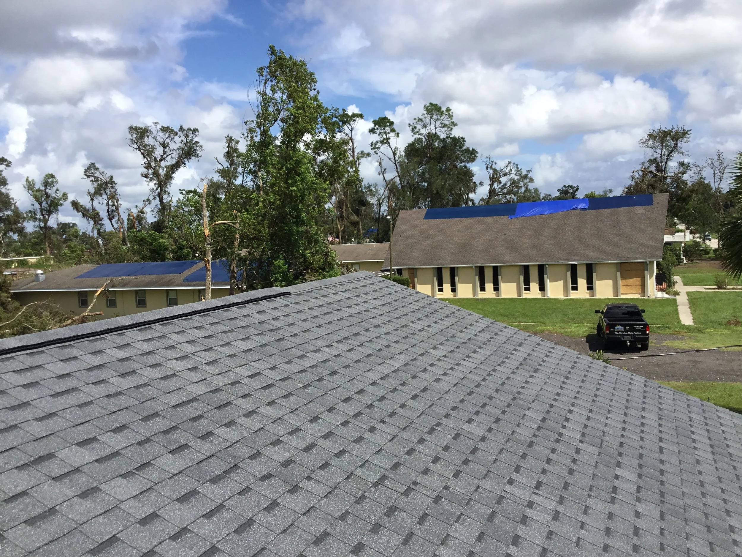Completed roof on a DeLand church rebuilt after storm damage with modern materials, stronger fastening patterns, and improved detailing. The finished system restores both protection and character to this community landmark, ensuring reliable performa