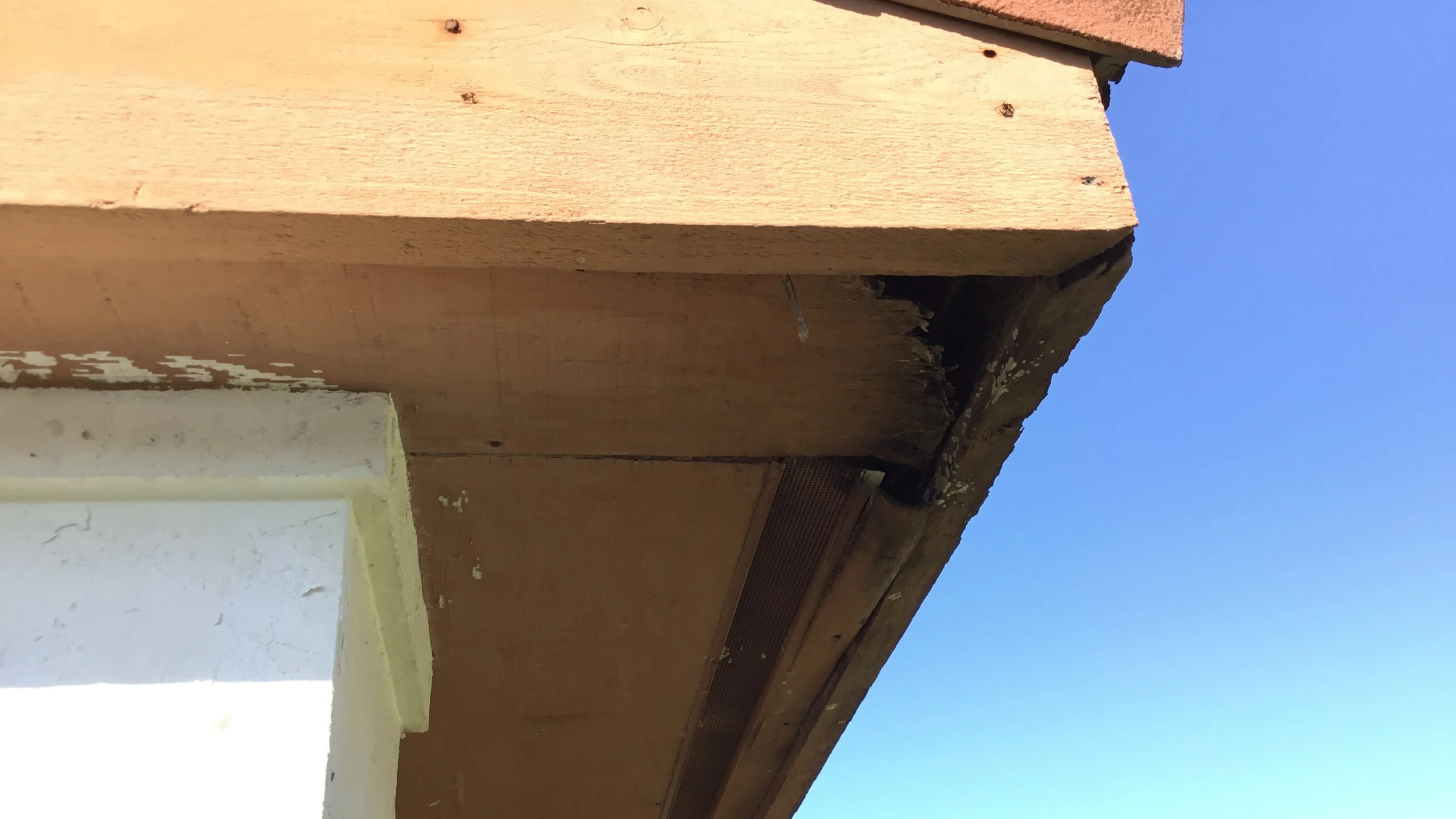 Close-up of wooden house eaves showing damage and peeling paint against a blue sky.