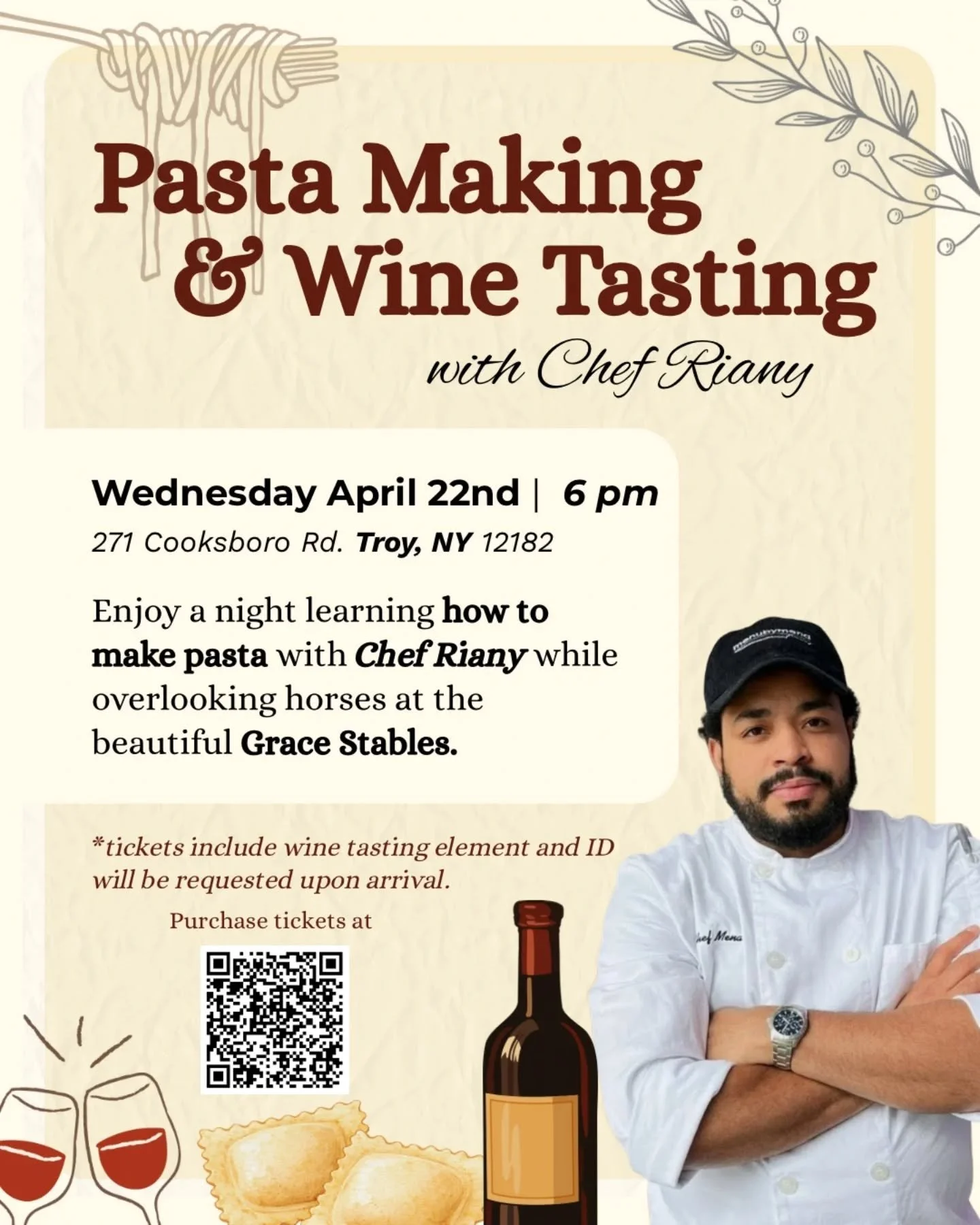 Join me at @gracestablesny for a night of pasta and wine 🍝 🍷 
We will be holding a pasta making and wine tasting class overlooking the beautiful Grace Stables and their horses 🐎 Limited spots available, GET YOURS NOW! Link in my bio.