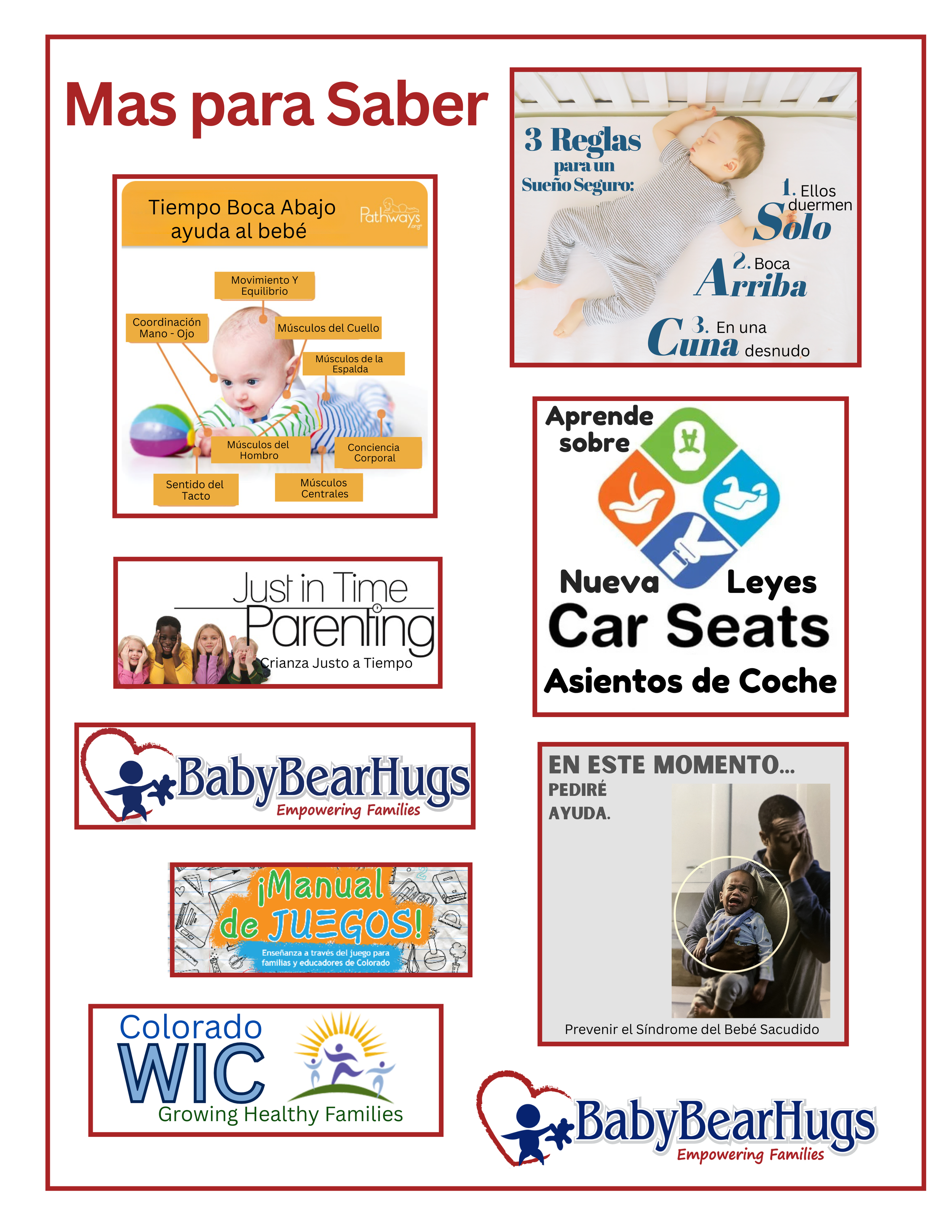 An informational poster about child safety, parenting, and family resources. It features sections on infant sleep safety tips, three rules for a safe sleep, learning about car seats, reasons to seek help, and various family support organizations like Baby Bear Hugs, Colorado WIC, and a toy manual. The poster includes images of a sleeping baby, children, and parents.